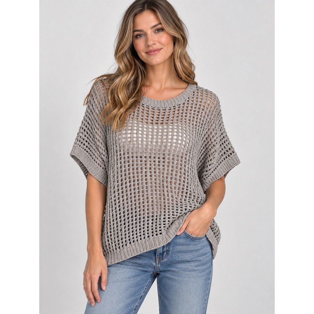 Women's Grey Open Knit Crochet Short Sleeve Sweater Top Small NEW with tags